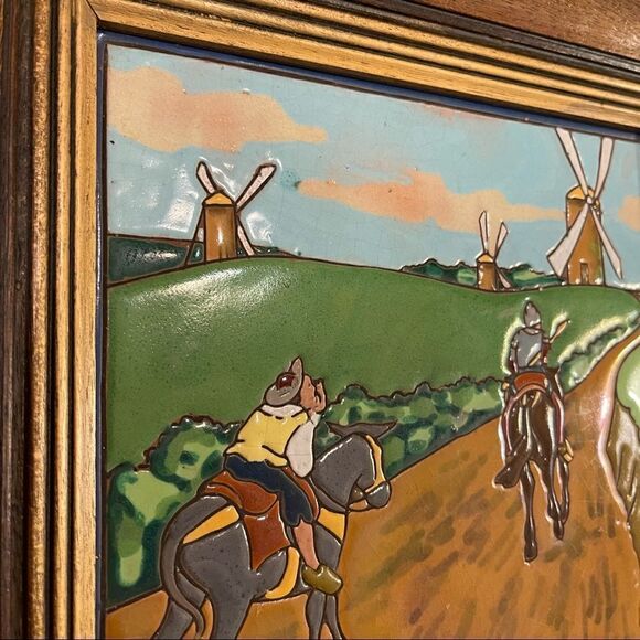 Antique Framed Don Quixote Sancho 8” Enameled Clay 8” Square Tiles Custom Framed - Picture 7 of 16